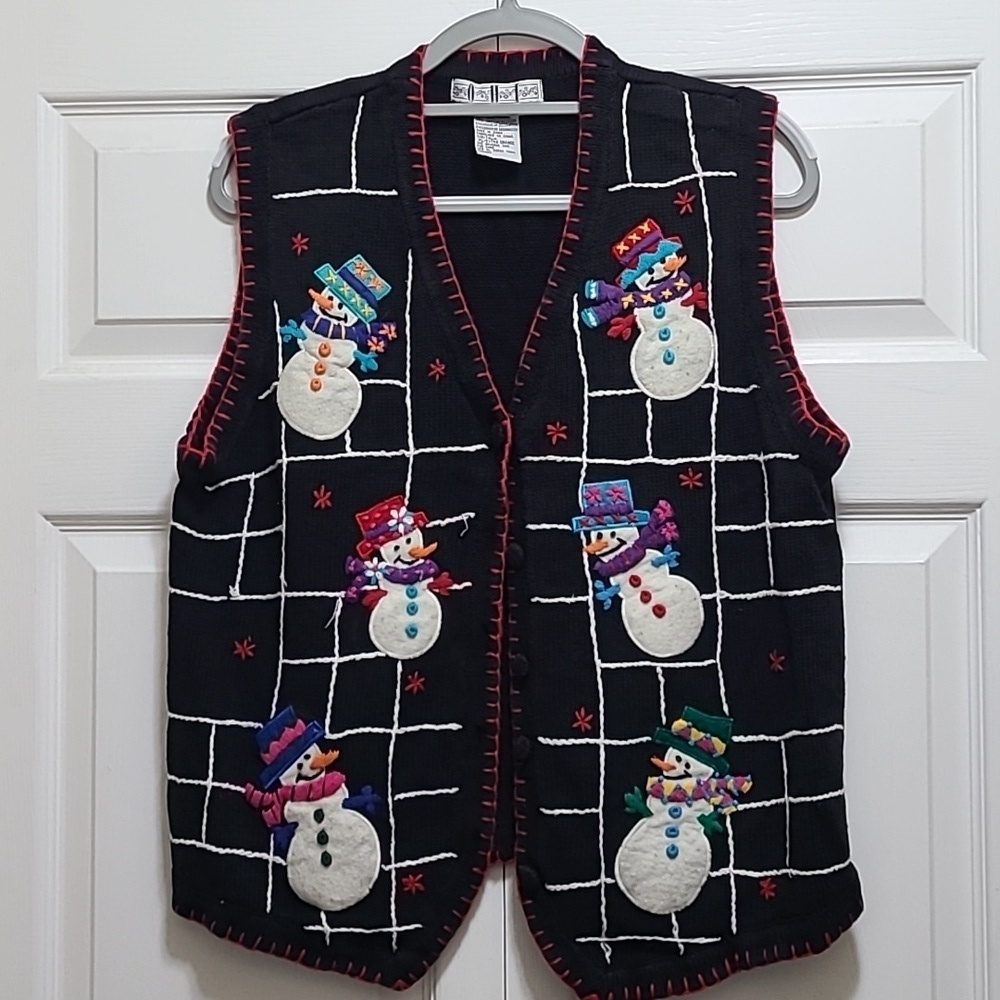 Vintage Snowman Embroidered Black Sweater Vest OHI Size XL RAMIE‎ COTTON